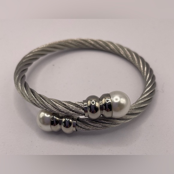 Source Unknown Jewelry - Gorgeous Stainless Steel Cable Wrap Cuff Bracelet Accented with Glass Pearls